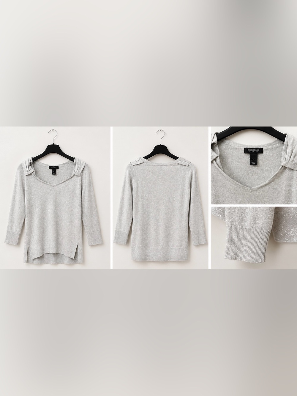 White House Black Market Silver Shimmer V-Neck Sweater Women's Medium